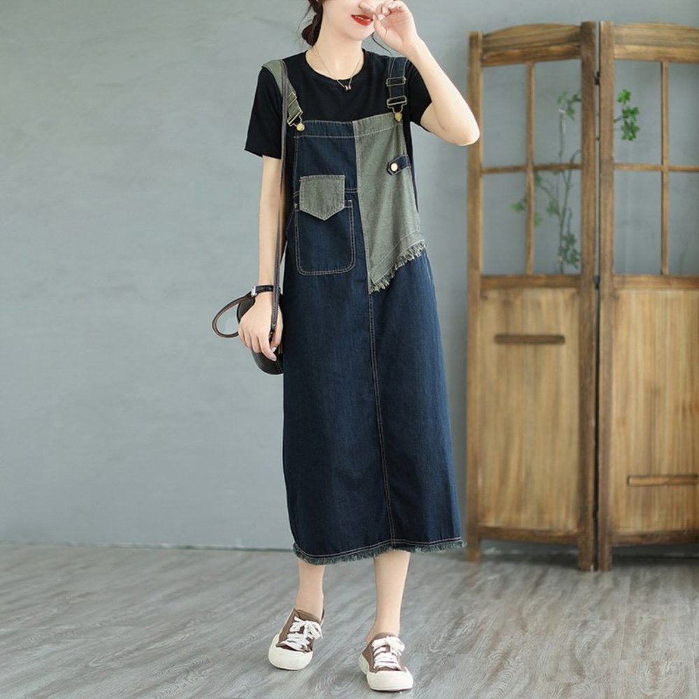 Denim Overall Dress for Women Midi Length, Adjustable Strap Overall Denim Dress